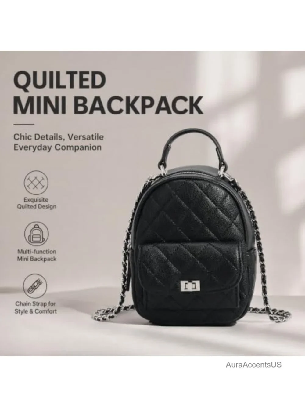 Quilted Mini Backpack Purse, Chain Strap Vegan Leather, 3 Ways to Wear